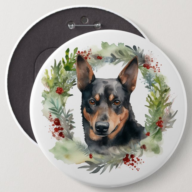 Australian Kelpie Christmas Wreath Festive Pup  6 Cm Round Badge (Front & Back)