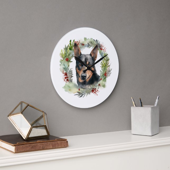Australian Kelpie Christmas Wreath Festive Pup  Large Clock (Office)