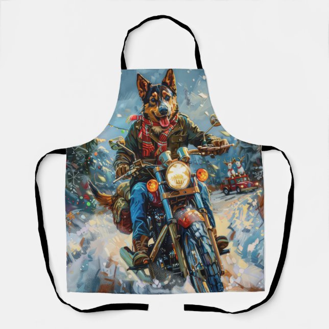Australian Kelpie Dog Riding Motorcycle Christmas Apron (Front)