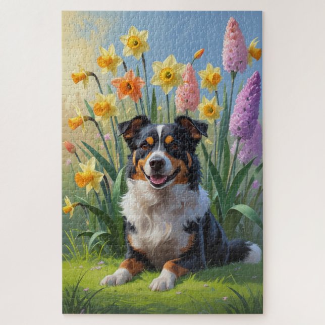 Australian Kelpie Dog Spring Flowers Painting Jigsaw Puzzle (Vertical)