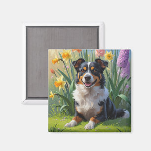 Australian Kelpie Dog Spring Flowers Painting Magnet
