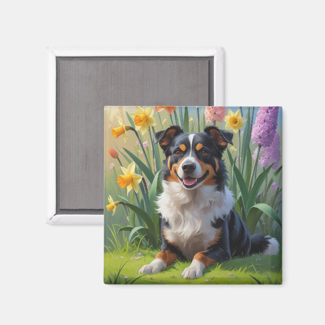 Australian Kelpie Dog Spring Flowers Painting Magnet (Front/Back)