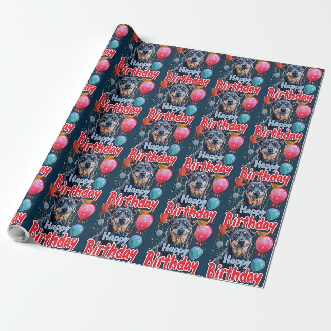 Australian Kelpie Dog with Balloons Birthday Wrapping Paper (Unrolled)