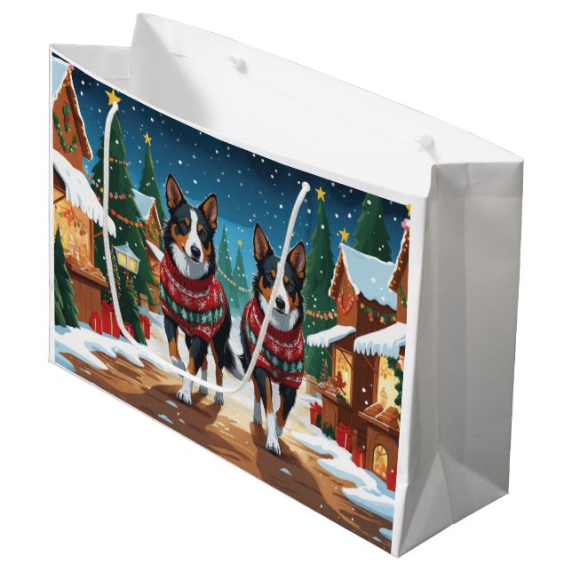 Australian Kelpie Dogs Christmas Snow Holiday Large Gift Bag (Front Angled)