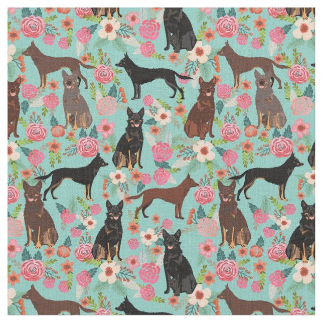 Australian Kelpie dogs vintage floral mint Fabric (Close Up)