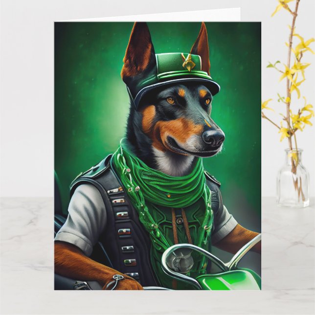 Australian Kelpie driving bike St. Patrick's Day Card (Yellow Flower)