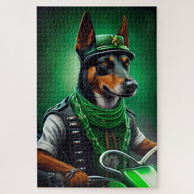 Australian Kelpie driving bike St. Patrick's Day Jigsaw Puzzle (Vertical)