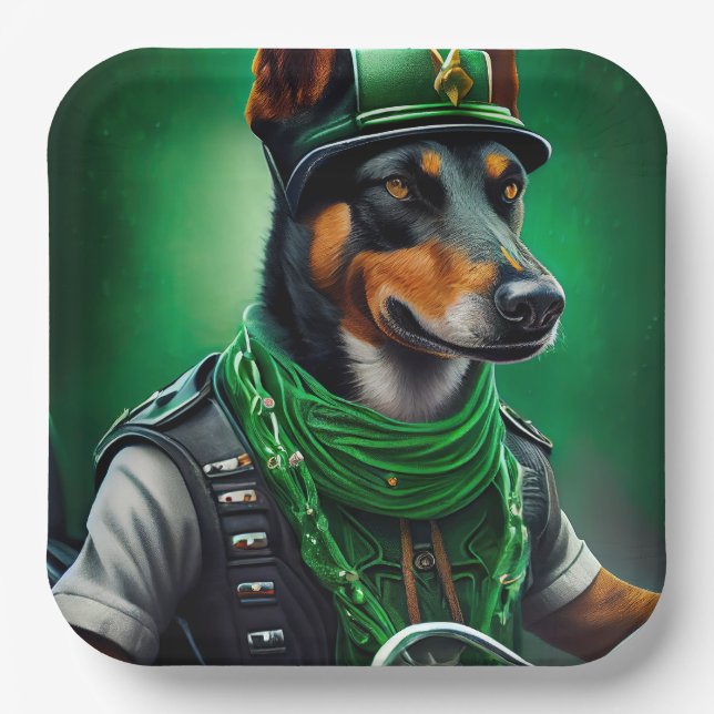 Australian Kelpie driving bike St. Patrick's Day Paper Plate (Front)