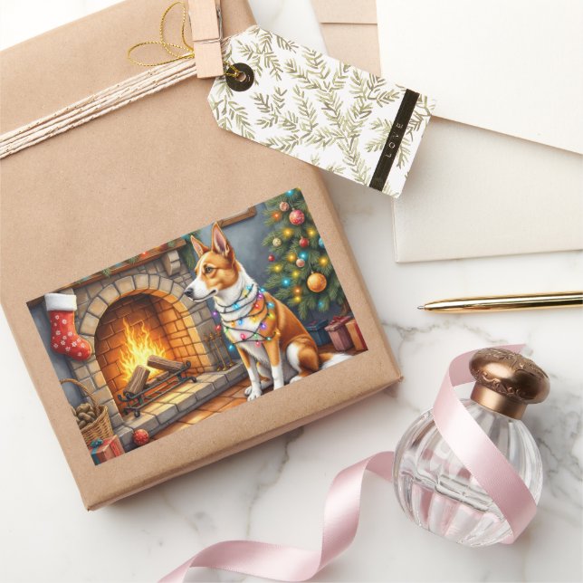 Australian Kelpie Fireplace with Christmas Lights Rectangular Sticker (Gifting)