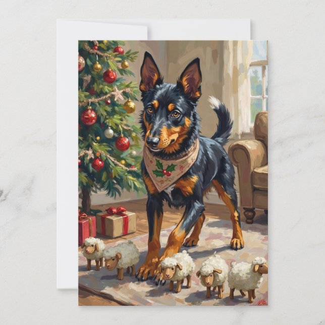 Australian Kelpie Herding Christmas Art Holiday Card (Front)
