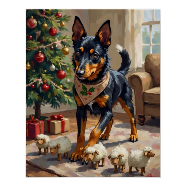 Australian Kelpie Herding Christmas Art Poster (Front)