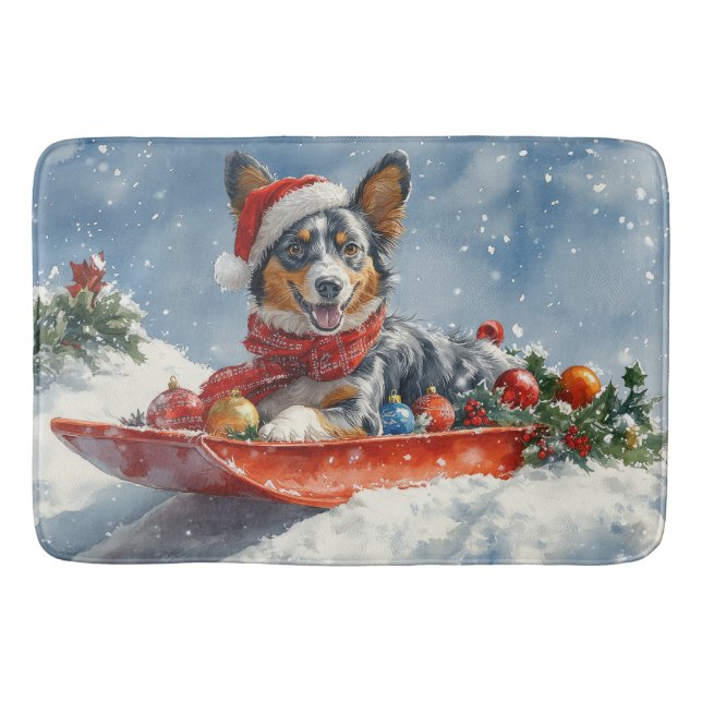 Australian Kelpie in Sledge Let it Snow Christmas Bath Mat (Front)