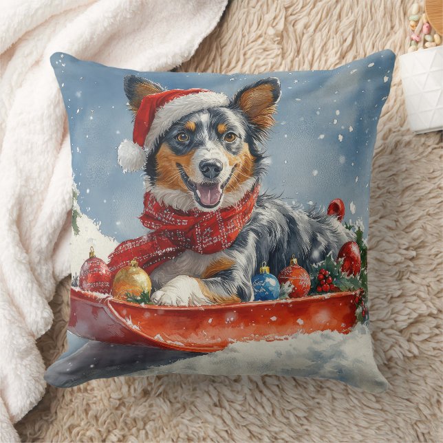 Australian Kelpie in Sledge Let it Snow Christmas Cushion (Blanket)