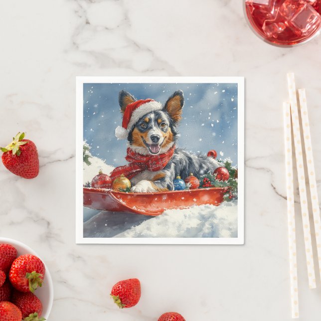 Australian Kelpie in Sledge Let it Snow Christmas Napkin (Insitu)