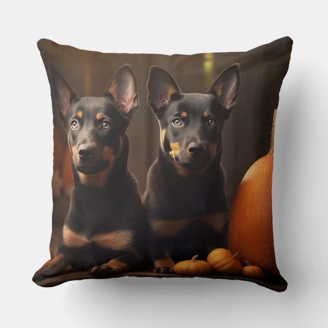 Australian Kelpie Puppy Autumn Delight Pumpkin Cushion (Front)