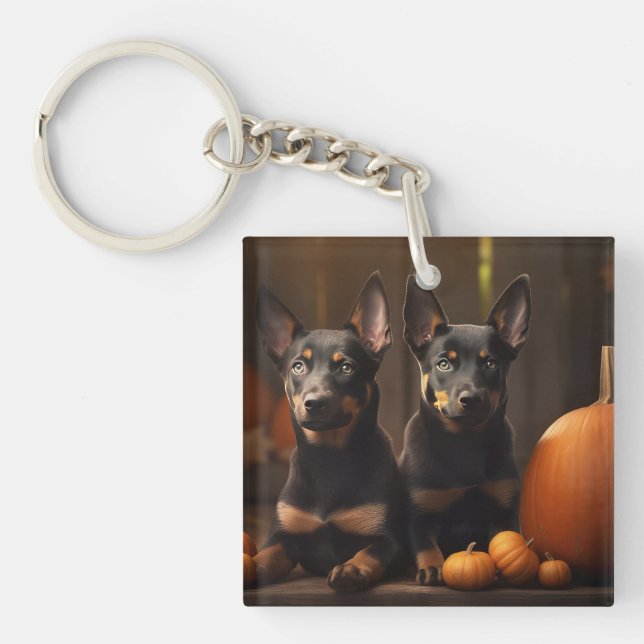 Australian Kelpie Puppy Autumn Delight Pumpkin Key Ring (Front)