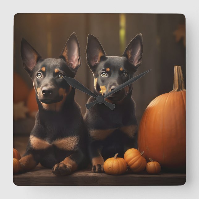 Australian Kelpie Puppy Autumn Delight Pumpkin Square Wall Clock (Front)