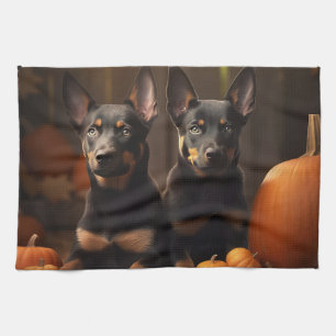 Australian Kelpie Puppy Autumn Delight Pumpkin Tea Towel