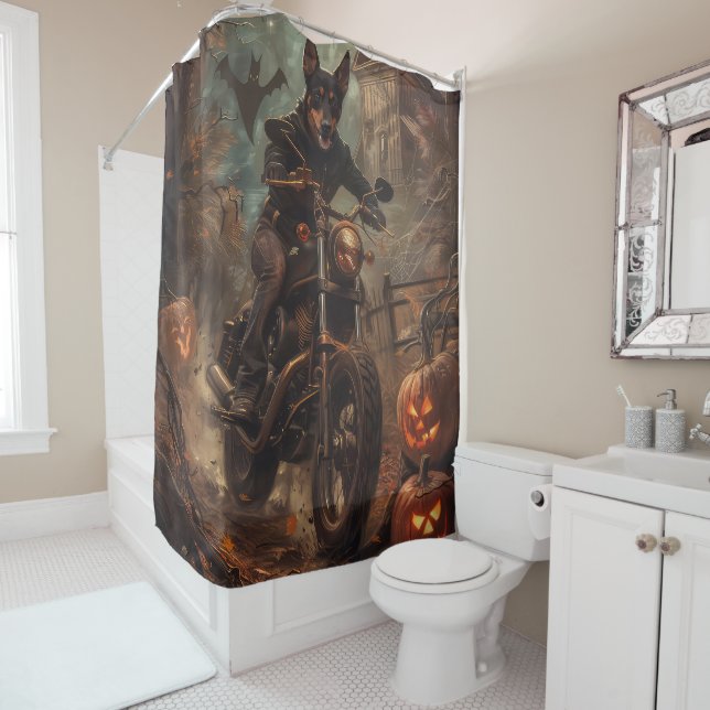 Australian Kelpie Riding Motorcycle Halloween  Shower Curtain (In Situ)