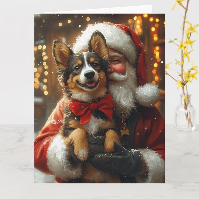 Australian Kelpie Santa Claus Festive Christmas Card (Yellow Flower)