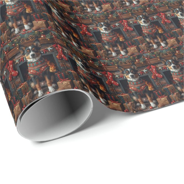 Australian Kelpie with Christmas Gifts Fireplace Wrapping Paper (Roll Corner)