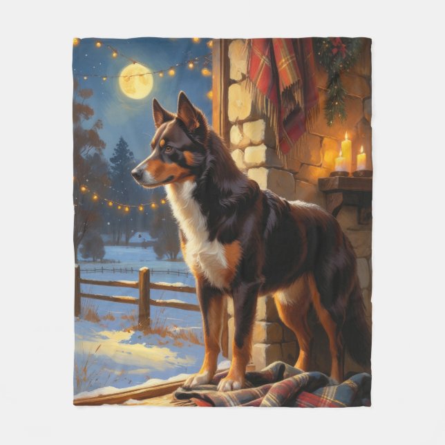 Australian Kelpie With Christmas Lights Holiday Fleece Blanket (Front)