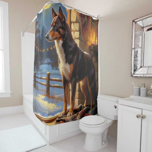 Australian Kelpie With Christmas Lights Holiday Shower Curtain (In Situ)