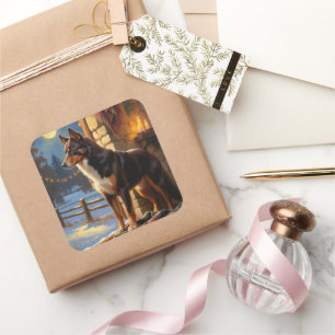 Australian Kelpie With Christmas Lights Holiday Square Sticker