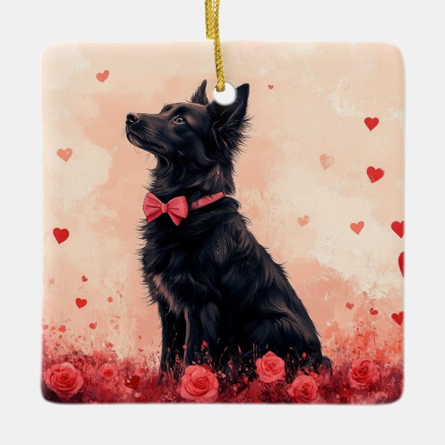 Australian Kelpie with Roses - Valentine's Day Ceramic Ornament (Front)