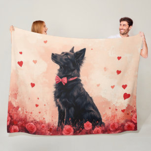Australian Kelpie with Roses - Valentine's Day Fleece Blanket