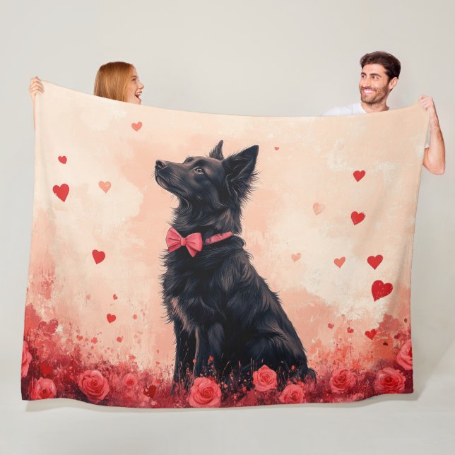 Australian Kelpie with Roses - Valentine's Day Fleece Blanket (In Situ)
