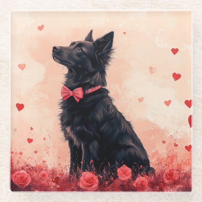 Australian Kelpie with Roses - Valentine's Day Glass Coaster (Front)