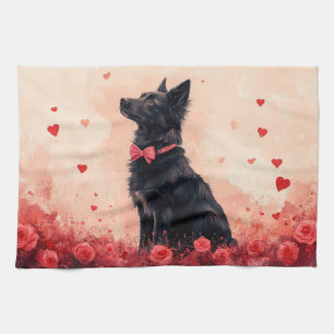 Australian Kelpie with Roses - Valentine's Day Tea Towel