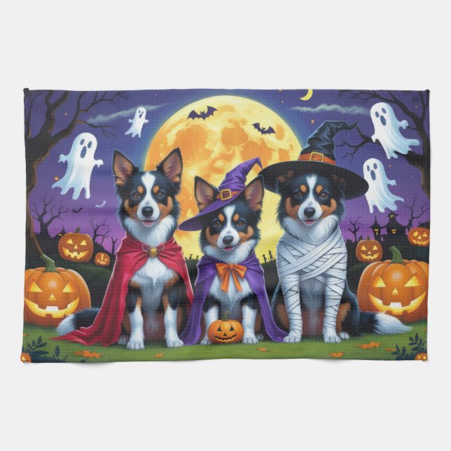 Australian Kelpies Dogs Pumpkin Halloween Funny Tea Towel (Horizontal)