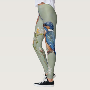 Australian Kingfisher Birds And Flowers Oil Paint, Leggings