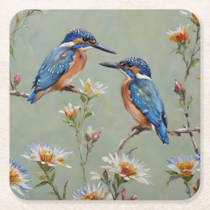 Australian Kingfisher Birds And Flowers Oil Paint, Square Paper Coaster