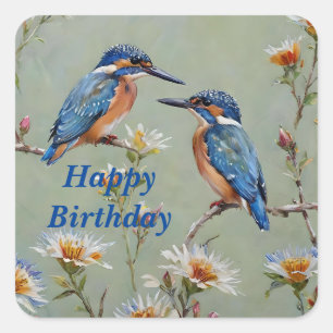 Australian Kingfisher Birds And Flowers Oil Paint, Square Sticker
