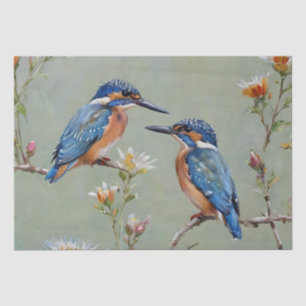 Australian Kingfisher Birds And Flowers Oil Paint, Tissue Paper