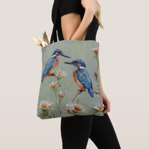 Australian Kingfisher Birds And Flowers Oil Paint, Tote Bag