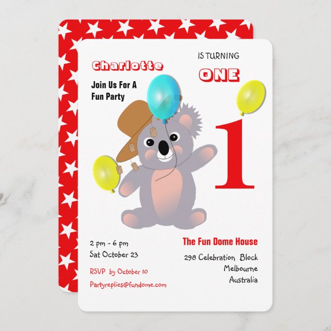 Australian Koala Bear Cute Graphic Invitation (Front/Back)