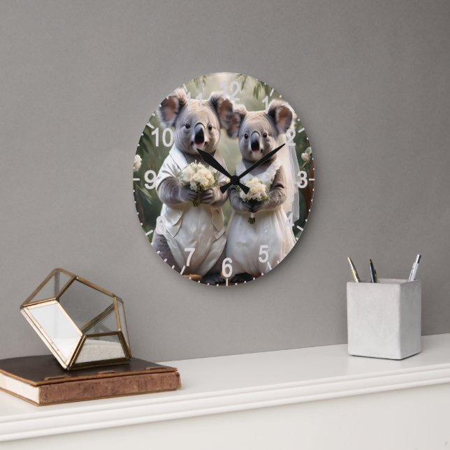 Australian Koala Bear White Wedding, Large Clock (Office)