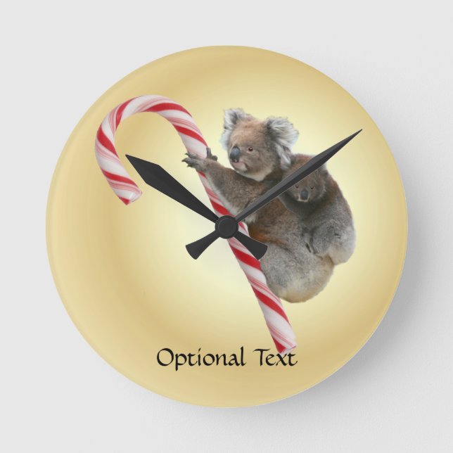 Australian Koala Christmas Candy Cane Round Clock (Front)