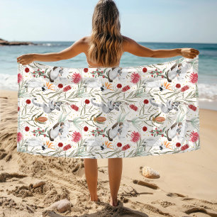 Australian Koala Cockatoos Proteas Nature Pattern Beach Towel
