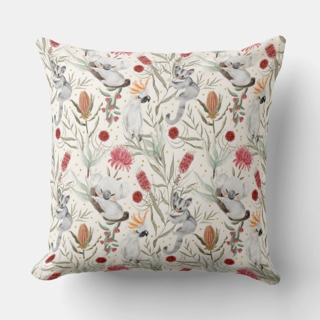 Australian Koala Cockatoos Proteas Nature Pattern Cushion (Front)