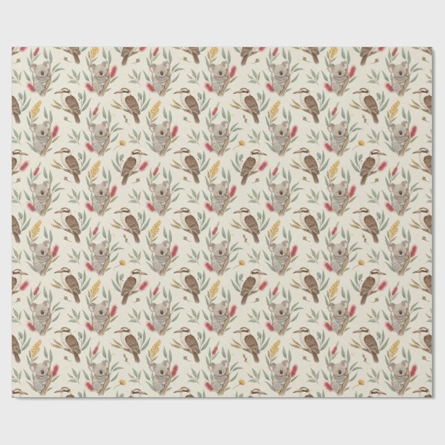Australian Koalas, Kookaburras and Native Flora Wrapping Paper (Flat)