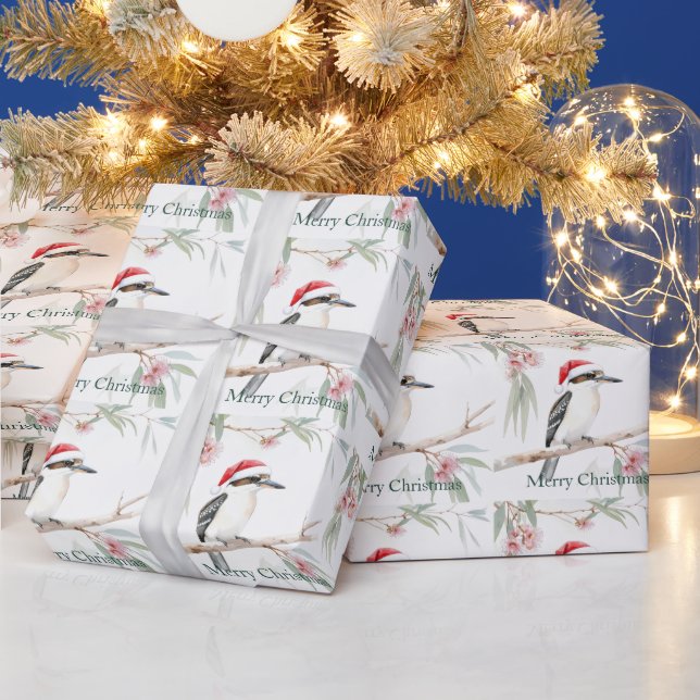 Australian Kookaburra Santa hat Merry Christmas Wrapping Paper (Holidays)