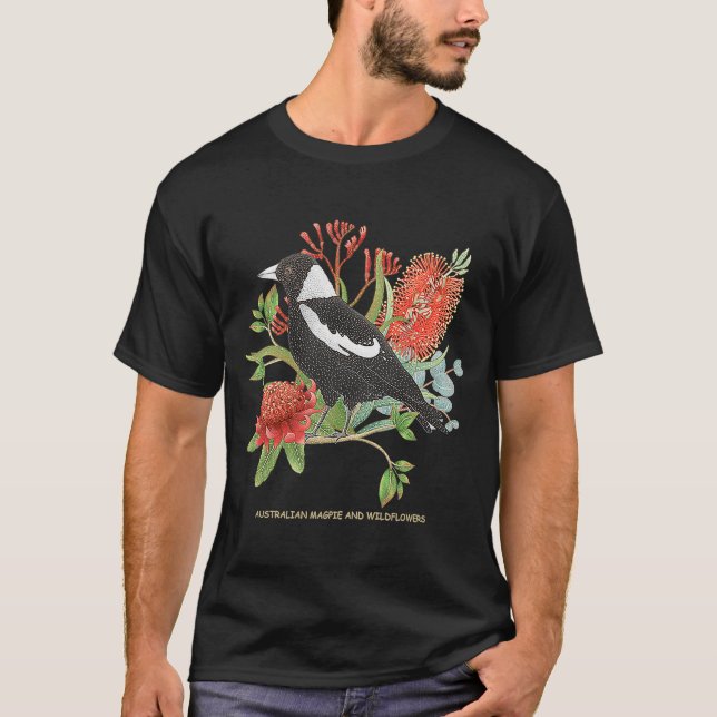 Australian Magpie and Wildflowers T-Shirt (Front)