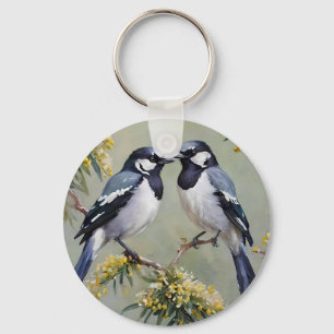 Australian Magpies In Wattle Trees Oil Paint,  Key Ring