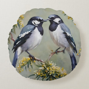 Australian Magpies In Wattle Trees Oil Paint, Round Cushion