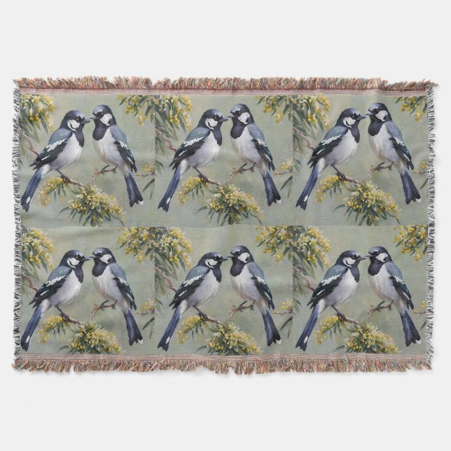 Australian Magpies In Wattle Trees Oil Paint,  Throw Blanket (Front)